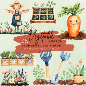 May include: Watercolor illustration of a vegetable patch with a scarecrow, garden beds, and various vegetables. Includes a smiling carrot, gardening tools, and the text "Vegetable Patch" and "Commercial Use Clipart Transparent PNGs".