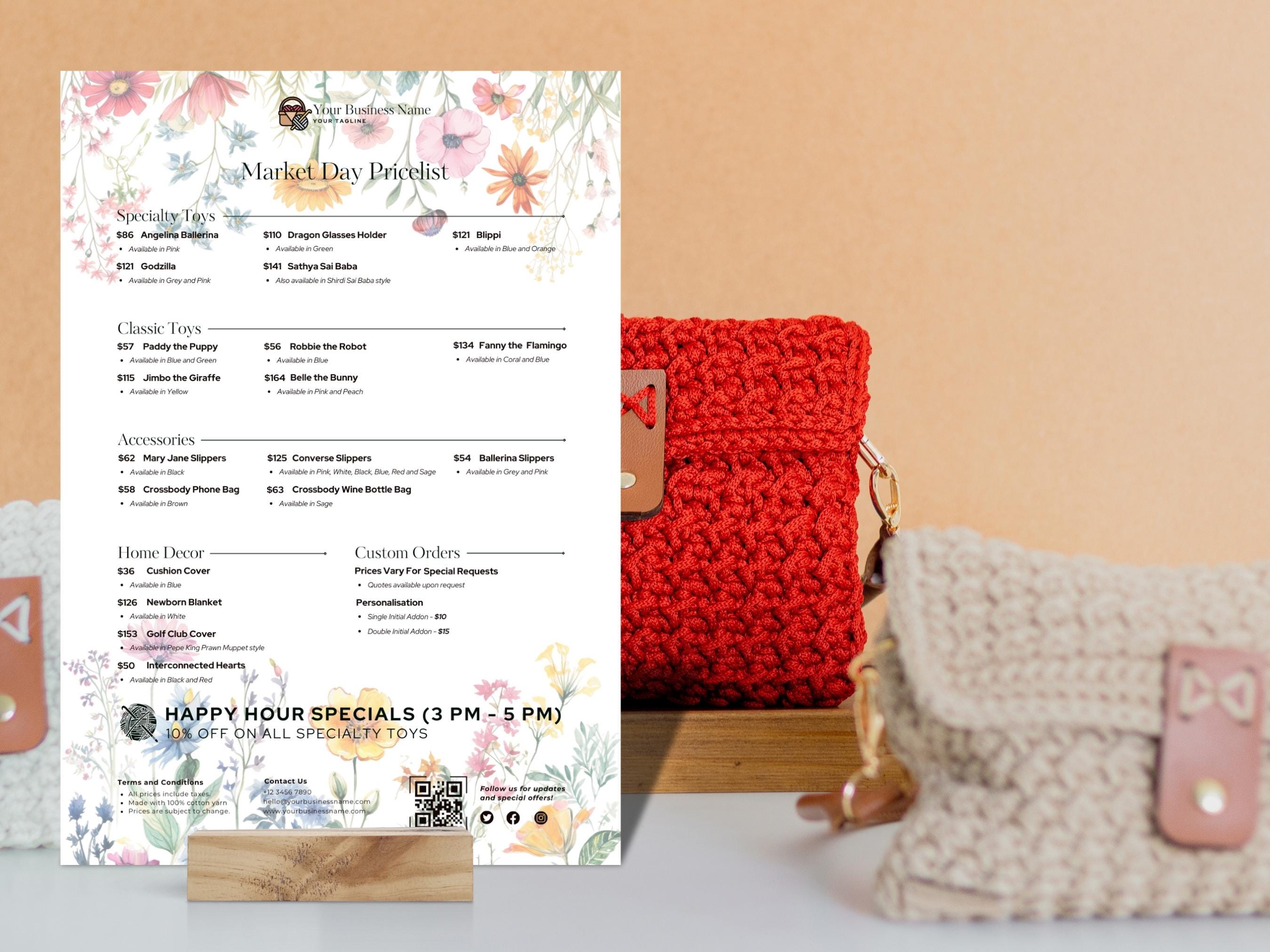 Floral Crochet Market Price List Template Editable DIY Price Guide 