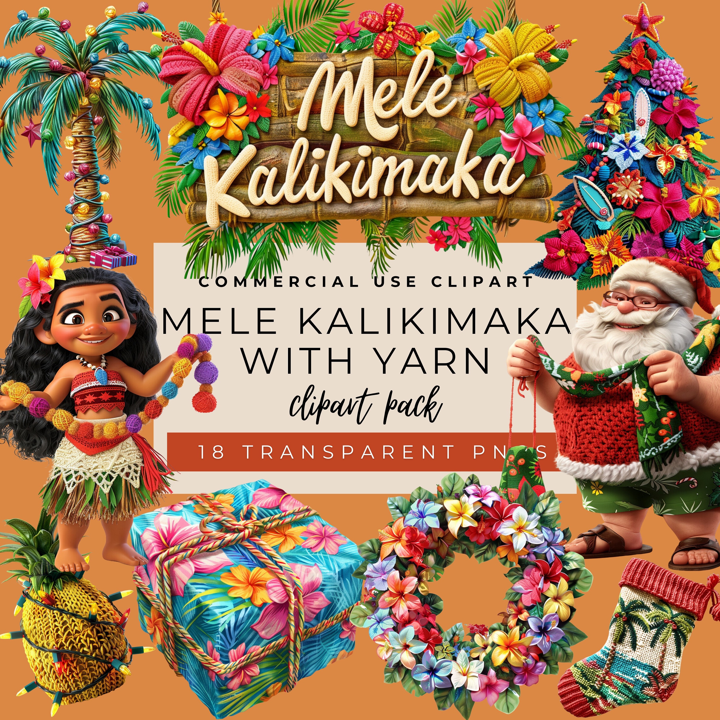 Mele Kalikimaka Yarn Clipart: Hawaiian Christmas PNG Graphics