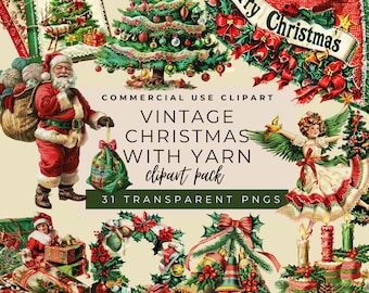 Vintage kerstclipart: afbeeldingen kerstman en garen (digitale png-download)