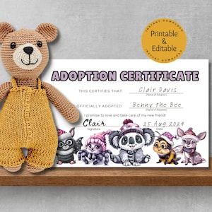 Editable Toy Adoption Certificate: Personalized Keepsake (Digital Download)