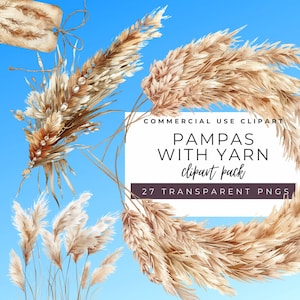 Pampas With Yarn Clipart Pack | Boho Floral | Watercolor Flower Blooms | Wedding Clipart | Boho Bouquets | Pampas Clipart | Bohemian Floral