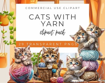 Cats with Yarn Clipart Pack | Cat Clipart | Cute Graphics Png | Cat Illustration | Kitten Clipart | Yarn Clipart
