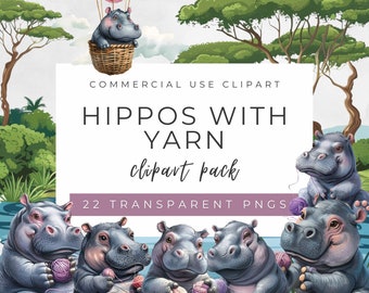 Hippo with Yarn Clipart Pack: 22 PNG Graphics (Commercial Use)