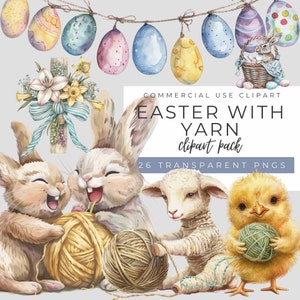 Ostern mit Garn Clipart Pack | Lamm Clipart | Kommerzielle Nutzung | 26 Png wunderliche Wollknäuel | Clipart Stricktiere | Babyparty