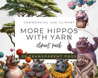 Hippo with Yarn Clipart Pack: Safari Animal PNG Graphics (Digital Download)
