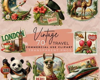 Vintage Travel Clipart: 70 Retro Images (Digital Download)