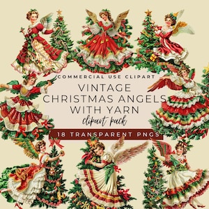 Vintage Christmas Angels With Yarn Clipart Pack, Digital Download, Printable Digital File, Watercolor Journaling, Commercial Use