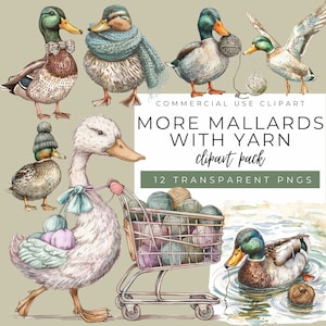 More Mallards With Yarn Clipart Pack | Mallard Duck Clipart | Card Making | Watercolor Ducks Clipart | Instant Download | Barn Animals