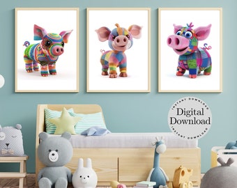 Pigs Wall Art Prints: Yarn Theme, Farm Animal Decor (Digital Download)
