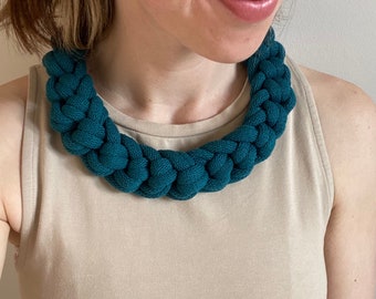 Statement Handmade Teal Chain Knot Necklace | Colourful Chunky Rope Necklace