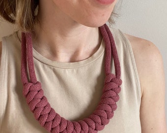 Statement Handmade Dusty Rose Snake Knot Necklace | Chunky Rope Necklace