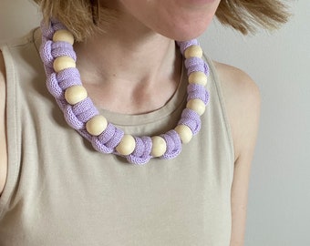 Statement Handmade Lilac and Beige Hitch Knot Necklace with Beads