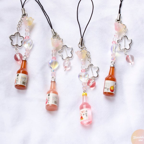 Muted Reddish/Coral/Clear Strawberry Soju-inspired Phone Charms | Cute & Adorable Original Pink Soju Phone Charms | Soju-bottle Accessory