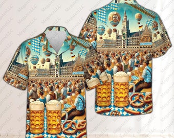 May include: A short-sleeved shirt with an Oktoberfest theme. The design includes a crowd, beer steins, pretzels, and sausages. Hot air balloons and German flags are also visible. The shirt has a blue and white checkered pattern and the word "Oktoberfest".
