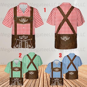 May include: A collection of short-sleeved shirts featuring a traditional Bavarian lederhosen design. The shirts showcase a red, green, and blue checkered pattern, with brown leather-look suspenders and apron details. Each shirt has a button-down front.