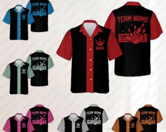 May include: Bowling shirts in various colour combinations, including black with red, blue, or grey sleeves. Each shirt features a bowling pin and ball graphic, with the text "TEAM NAME" on the back and "NAME" on the front.