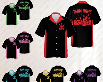 May include: Bowling shirts in a range of colours, such as black, green, pink, teal, yellow, and purple. Each shirt displays a bowling pin and ball design, with the option to add a team name. The shirts have a button-down front and a contrasting colour on the sides and collar.