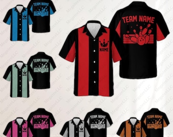 May include: A collection of short-sleeved button-down bowling shirts in various colour combinations. Each shirt features a central vertical stripe, a collar, and a graphic on the back displaying bowling pins, a ball, and the text TEAM NAME.