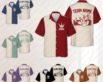 May include: A selection of bowling shirts in colours such as navy, green, burgundy, black, and brown. Each shirt has a two-tone design with a bowling pin and ball graphic, and the text "TEAM NAME" or "NAME".