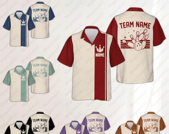 May include: A selection of bowling shirts in cream, navy, burgundy, green, black, purple, and brown. Each shirt has a bowling pin and ball graphic, with "TEAM NAME" on the back and "NAME" on the front. The shirts are short-sleeved.