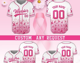 Personalized Breast Cancer Baseball Jersey, Custom Name Pink Ribbon Support, Breast Cancer Awareness, Faux Glitter, Printed Glitter Jersey