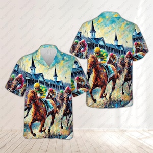 May include: A colorful painting of a horse race at a racetrack. The horses are brown and white, and the riders are wearing colorful silks. The painting is done in a painterly style, with visible brushstrokes.