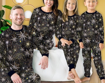Happy New Year Pajamas Set, Matching Family New Years Pajamas, New Years Eve Sleepwear, Festive Fireworks Celebration Long Sleeve Pajama Set