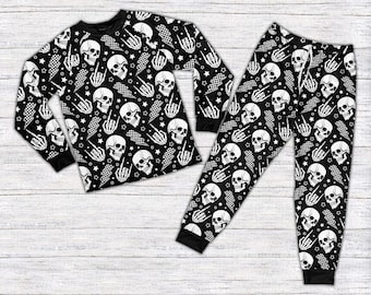 Spooky Dude Halloween Pajamas, Kid Checkered Skull Long Sleeve Two Piece Pajama, Lightning Bolt Pajamas, Spooky Groovy Boy Loungewear