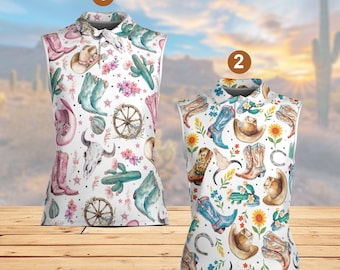 Cute Western Golf Polo Shirt, Cowgirl Boots Women Sleeveless Polo, Desert Cowgirl Polo Gift, Matching Girl Polo Team, Western Vibes Polo