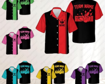 May include: Six different colour combinations of bowling themed Hawaiian shirts. The shirts are black and white with a red, pink, blue, yellow, or purple accent colour. The shirts feature a bowling pin and ball graphic with the text "TEAM NAME" and "NAME".
