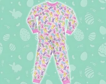 Conjunto de pijama de conejito de Pascua, lindo pijama de dos piezas de manga larga de Pascua, conjunto de pijama de conejo retro para el día de Pascua