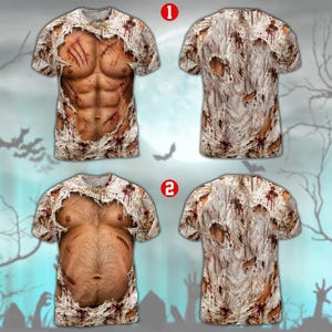 May include: Two short-sleeve t-shirts featuring a 3D graphic print of a torn white shirt revealing a realistic human torso with wounds and blood. Option 1 shows a muscular abdomen, while option 2 displays a rounder abdomen with chest hair.