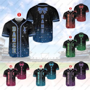 May include: Baseball-style dance jerseys in various colors, including black, red, green, blue, and purple. Each jersey features the word "DANCE" vertically, a dancer silhouette, and a name on the back. The jerseys have a glittery, starry design.