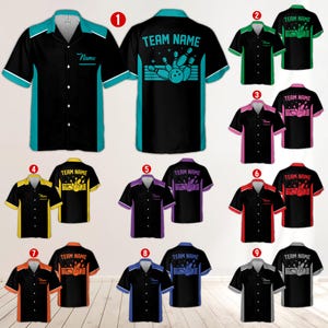 May include: Nine bowling shirts in various color combinations. Each shirt has a black base with colored side panels and collar. The back of each shirt displays "TEAM NAME" above a bowling pin graphic. The front has a space for a name.