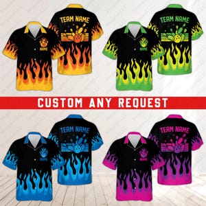 May include: Five different color variations of a bowling themed Hawaiian shirt. The shirt features a black background with flames in different colors, a bowling pin and ball graphic, and the text "TEAM NAME".