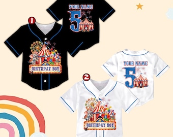 May include: Black and white baseball-style shirts with circus-themed graphics. One shirt features a circus scene with clowns, an elephant, and a Ferris wheel, with "BIRTHDAY BOY" text. The other shirts display a large number "5" and "YOUR NAME".