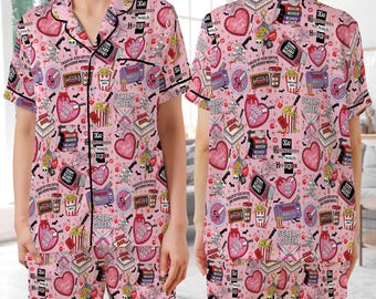 Spooky Horror Girlie Halloween Satin Pajamas, Horror Movie Lover Home Wear Pajamas Set, Funny Halloween Pajamas Set, Horror Babe Pajamas