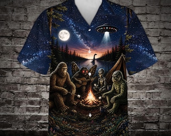 Cryptid Hawaiian Shirt, Bigfoot Mothman UFO Alien Aloha Shirt, Camp Cryptid Button Up, Funny Camping Shirt Gift