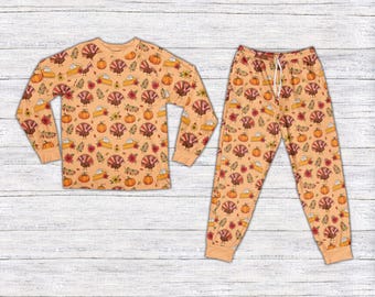 Cozy Vibes Thanksgiving Pajamas, Turkey Pumpkin Pie Long Sleeve Two Piece Pajama, Cute Fall Pumpkin Season Loungewear, Thankful Gift