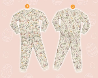 Cottage core paaspyjamaset met paashaas, bloemen tweedelig paaspyjama met lange mouwen, retro paaspyjamaset met konijn