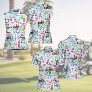 May include: Light blue golf shirts with a repeating pattern of golf carts, golf shoes, and golf balls. The shirts have the text "Golf is my therapy!" and "Born to golf".