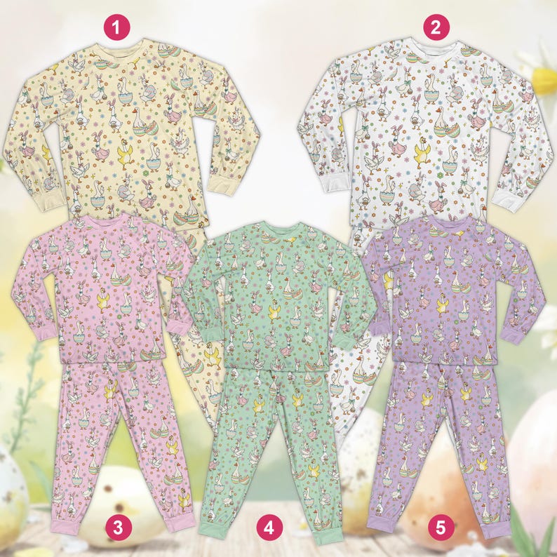 May include: Five sets of children's pajamas in various pastel colors. Each set includes a long-sleeved top and matching pants, all patterned with Easter-themed illustrations of bunnies and geese. The colors include pale yellow, white, pink, mint green, and lavender.
