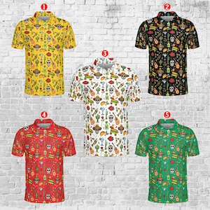 May include: Five short-sleeved polo shirts with a festive Mexican theme. Each shirt features a repeating pattern of guitars, skulls, sombreros, and other celebratory icons. The shirts are in yellow, black, white, red, and green.