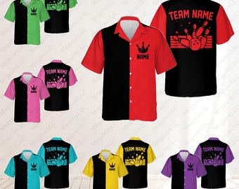 May include: A collection of bowling shirts in a range of colours, such as green, pink, blue, yellow, and purple. Each shirt has a two-tone design with a bowling pin and ball graphic. The shirts display the text "TEAM NAME" and "NAME".