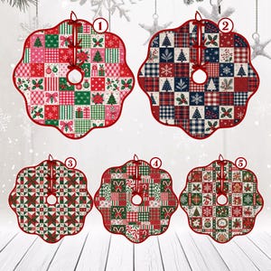 May include: Five scalloped Christmas tree skirts featuring patchwork designs with holiday motifs including trees, snowflakes, presents, candy canes, and holly. Each skirt has a central circular opening and red fabric ties for closure.
