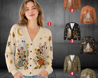 Halloween Ghost Cardigan, Floral Fall Sweater, Cute Spooky Pumpkin Cardigan, Autumn Outfit, Halloween Gift for Women