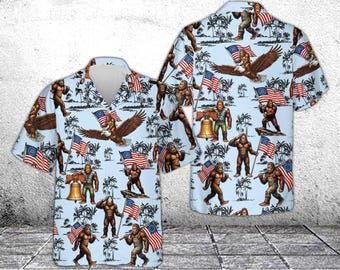 Funny Bigfoot America 250th Anniversary Hawaiian Shirt, Sasquatch American Flag 1776–2026 Patriotic Button Up, 4th of July Aloha Shirt
