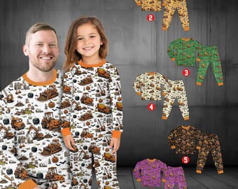 Custom Halloween Construction Truck Pajamas, Personalized Excavator PJs, Pumpkin Digger Matching Family Sleepwear