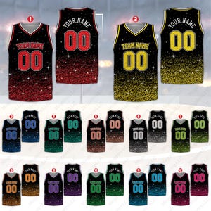 May include: Twelve basketball jerseys with a black background and a gradient of glitter in various colours. The jerseys have a v-neck, sleeveless design, and feature the text "TEAM NAME" and "YOUR NAME" with a number "00" on the front.
